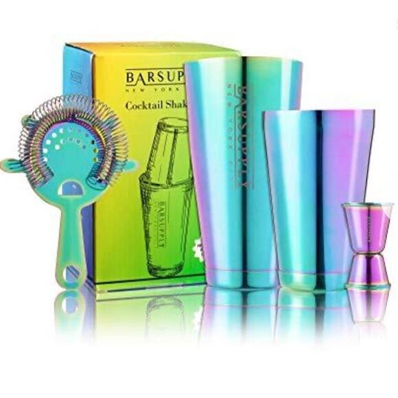 NIB Professional Boston Cocktail Shaker 4-Piece Set - Rainbow Chrome MSRP $85 - Picture 1 of 9